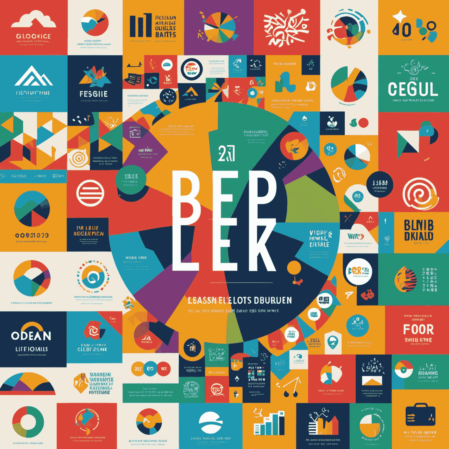 A collage showcasing various high-quality graphic designs including logos, web graphics, and illustrations in vibrant colors matching our brand palette