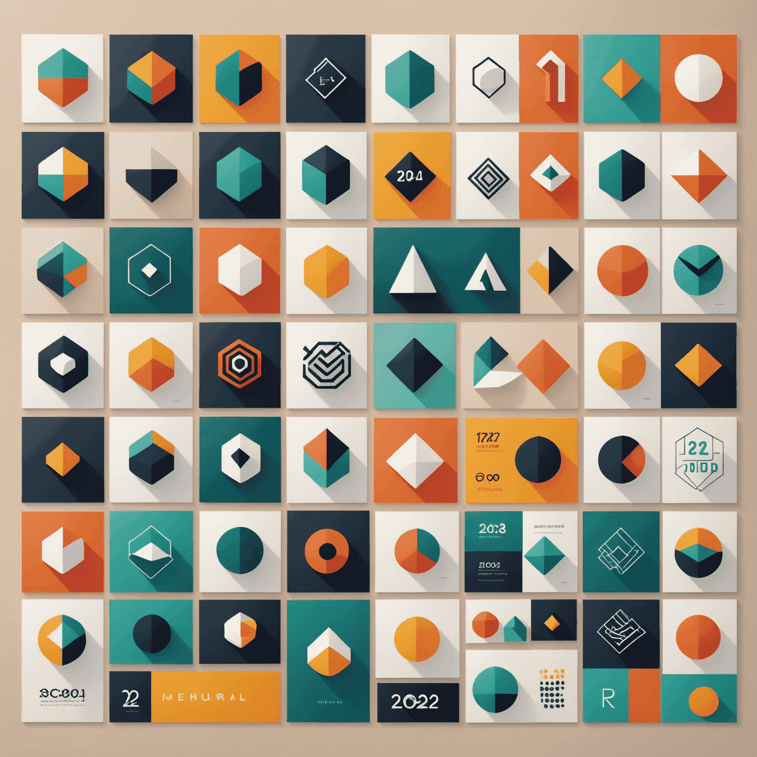 Collage showcasing various modern design elements including minimalist logos, bold color palettes, geometric shapes, and typography trends of 2024