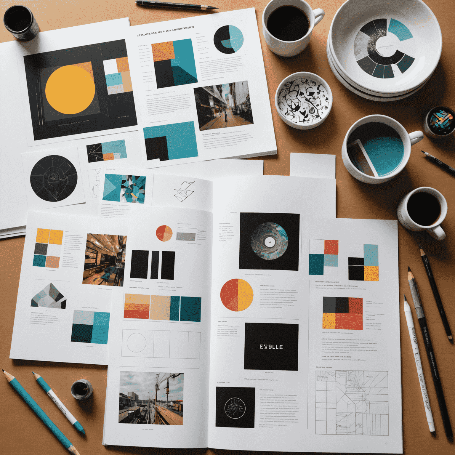 A collage showing various stages of graphic design process: sketches, digital mockups, color palettes, and final printed materials