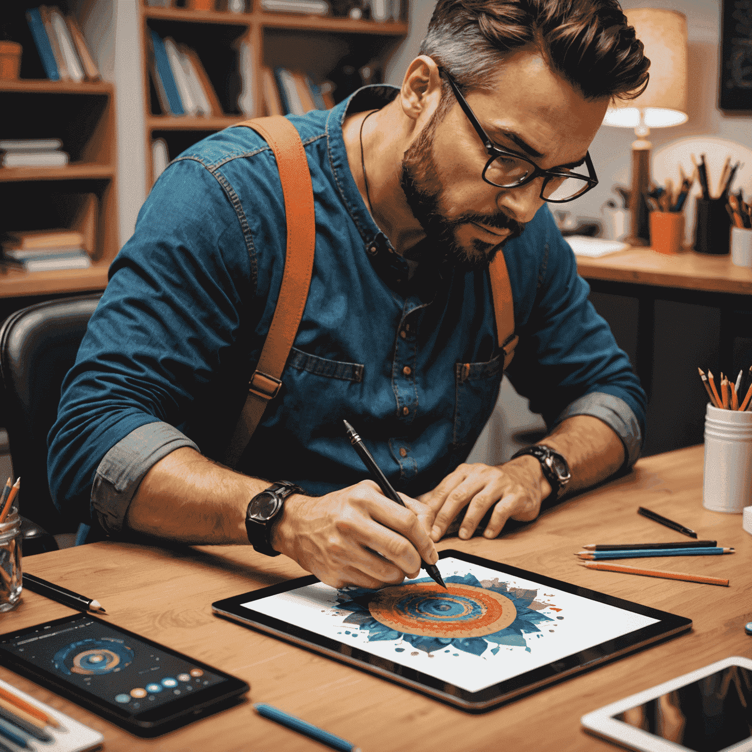Designer working on a digital tablet, creating a colorful and intricate illustration for a client project