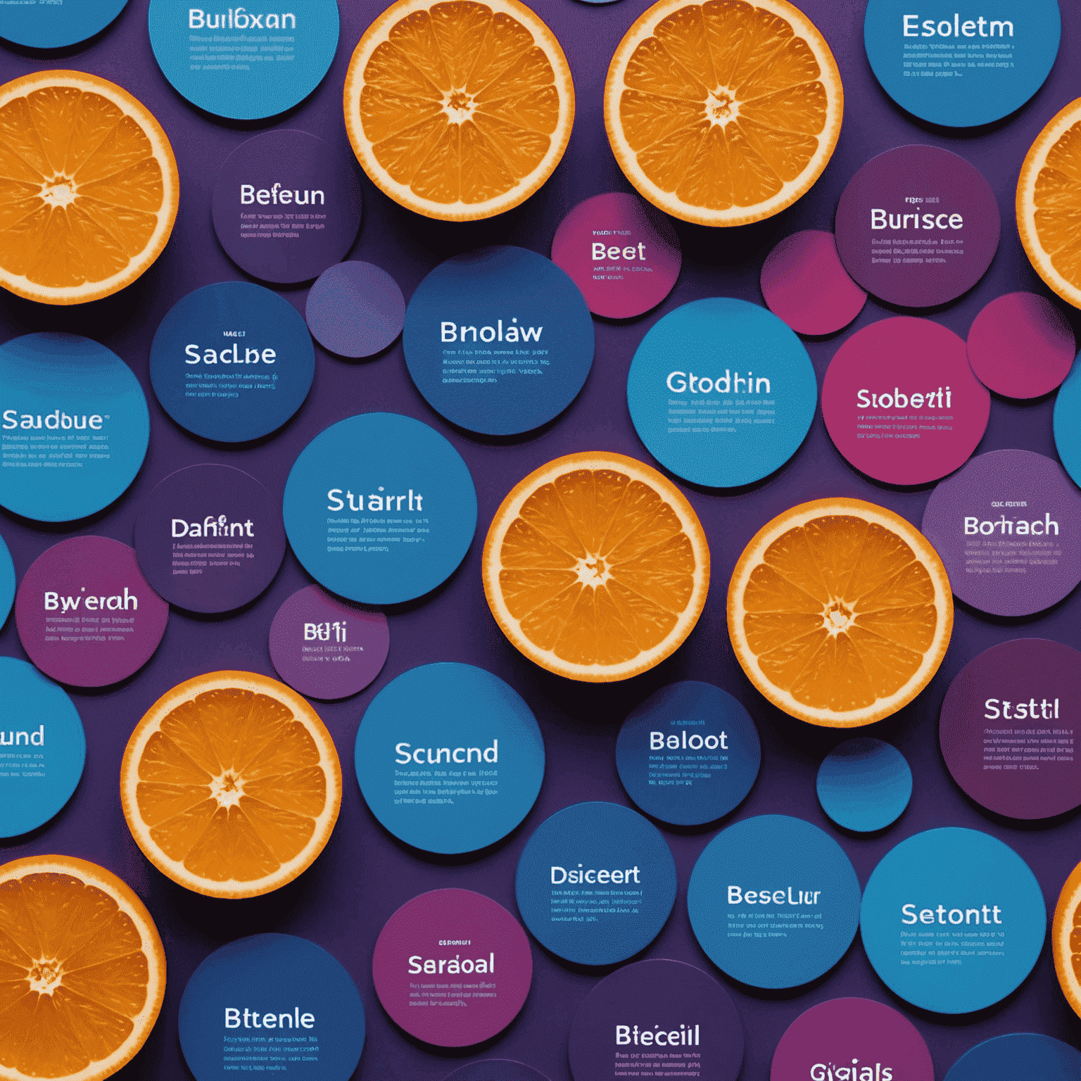 A spectrum of vibrant colors used in modern branding, showcasing bold blues, energetic oranges, and vivid purples in various design applications