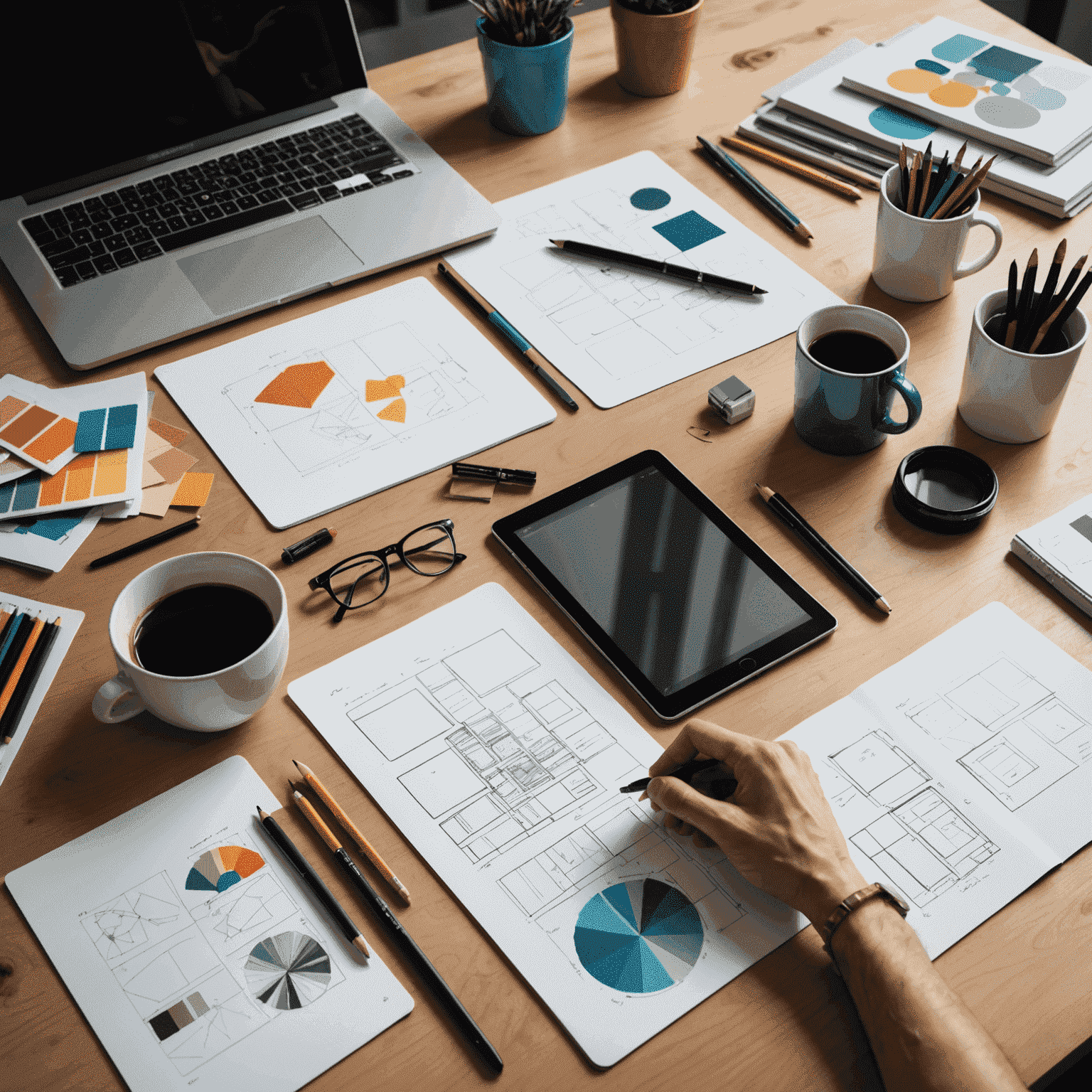 A designer's desk with various sketches, a tablet, and color swatches spread out