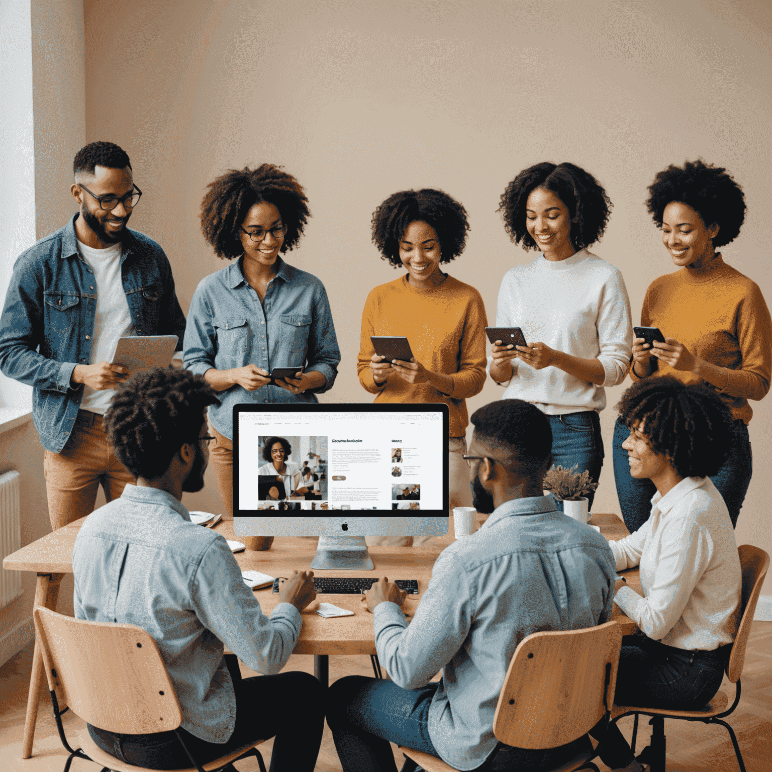 A diverse group of people using various devices to access a visually appealing and accessible website, highlighting the importance of inclusive design